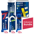 Imagen del paquete Amacx Endurance Bundle de Amacx.com, ideal para la nutrición deportiva. El paquete incluye una botella de agua, un polvo energético con sabor a limón y una variedad de barras energéticas, geles y caramelos masticables de frutas (12 de cada uno) para mantener tus niveles de energía durante actividades intensas.